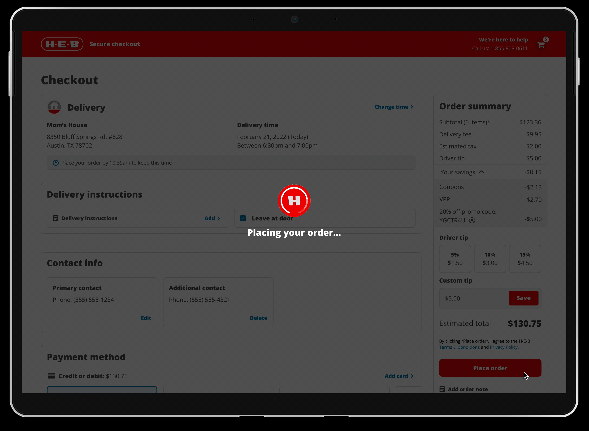 Placing your order loading state with an H-E-B branded spinner